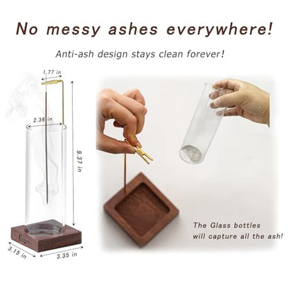 Ceremony Incense Holder, Wooden Incense Holder for Sticks with Glass Ash Catcher Inverted Scent Holder - color: Wooden Round