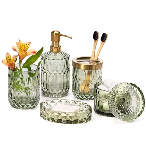 EMPO 6PCS Bathroom Clear Glass Accessories Set (Lotion Soap Dispenser, Soap Dish, Toothbrush Holder, Tumbler, Cotton Swab Jar), Contemporary Modern Decor Crystal Vintage Gift (6pcs Green) - style: 6pcs Green