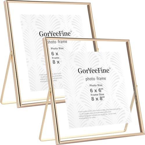 Gold 8x8" Floating Frame 2 Pack for Photo size(5x5'',6x6'' 8x8''),Adjustable Tabletop/Shelf floating Picture Frame,Classy Metal Gift Frames for Wedding,Thanksgiving,Christmas,Birthady,Home or Office Decor. - color: Gold, size: 8x8''For 6x6''2PK