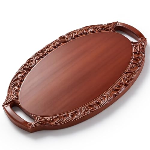 Vintage Carved Wooden Serving Tray with Handles, 15.8" x 9.8" Oval Decorative Wood Tray Rustic Carved for Coffee Table, Kitchen Counter, Breakfast, Cheese, Fruit and Home Decoration, Brown