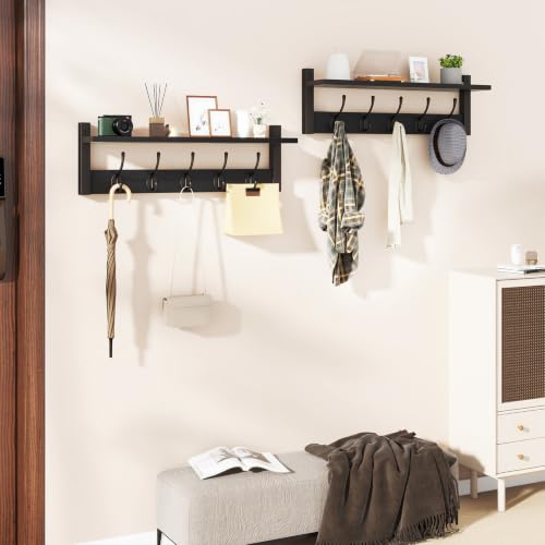 YMYNY 47.2" Coat Rack Wall Mount with Shelf and 10 Hooks, Black UHWS004B-2 | 2 Pack Coat Hooks Wall Mount, Wood Wall Mounted Coat Rack with Hooks, Coat Hanger Wall Mount, Wall Hooks for Hanging - color: Black