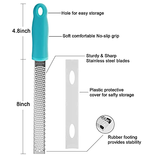 8-Inch Lemon Zester & Cheese Grater, 18/8 Stainless Steel, Blue | Fine 18/8 Stainless Steel Blade for Citrus, Parmesan, Ginger and Garlic, Soft Non-slip Handle, Cover, Dishwasher Safe - color: B-Blue