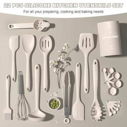 Umite Chef 22-Piece Silicone Cooking Utensils Set，Heat Resistant & Dishwasher Safe Kitchen Tools, Black Non-Scratch Spatula Set for Nonstick Cookware (Khaki) - color: Khaki