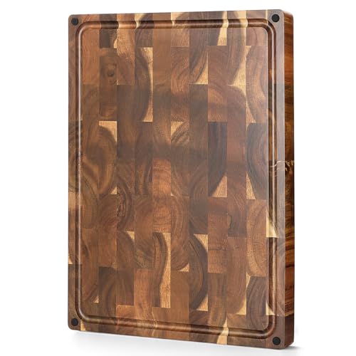 XINZUO Large Thick End Grain Acacia Wood Cutting Board- (19''L x 14''W x 1.5''T) Reversible Wooden Chopping Board with Non-Slip Feet, Built-in Handles and Juice Groove- Butcher Block Cutting Board - size: 19"L x 14"W