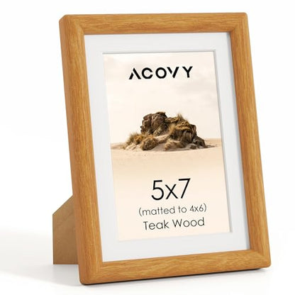 Acovy 5x7 Picture Frame, Natural Solid Teak Wood 5"x7" Photo Frame for Wall, Handcrafted Wooden Frame 5 x 7 Matted to 4x6, High Definition Tempered Glass, Wall Hook Included, Natural Teak - color: Teak, size: 5"x7"