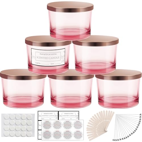 CONNOO 6 Pack 16oz Pink Wide Mouth Glass Candle Jars | Come with Metal Lids Sticky Warning Labels and a Candle Wick Kit for Candle Making- Dishwasher Safe - color: 6 Pack-Shiny Pink