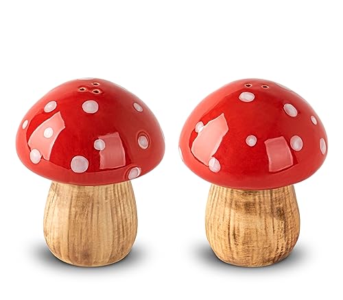 Mushroom Salt and Pepper Shakers Set Ceramic Red Toadstool Dispenser | 2-piece ceramic mushroom salt and pepper shakers with 3 and 2 top holes and silicone bottom stoppers for kitchen table decor.
