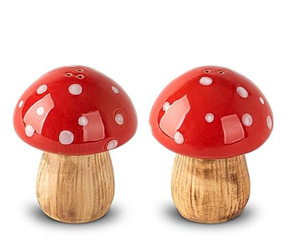 Mushroom Salt and Pepper Shakers Set Ceramic Red Toadstool Dispenser | 2-piece ceramic mushroom salt and pepper shakers with 3 and 2 top holes and silicone bottom stoppers for kitchen table decor.