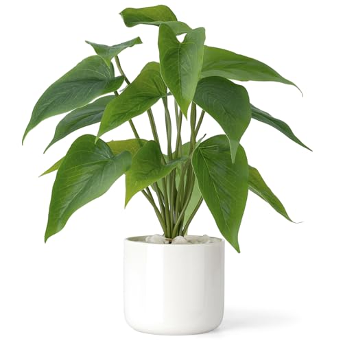 Mkono Fake Plants in Ceramic Pot, 11" Potted Artificial Plants Home Decor | Realistic Faux Green Leaf Plant with White Planter, Fake Pothos, for Desk Shelf Table Office Bathroom Bedroom Decoration - color: White, size: Small