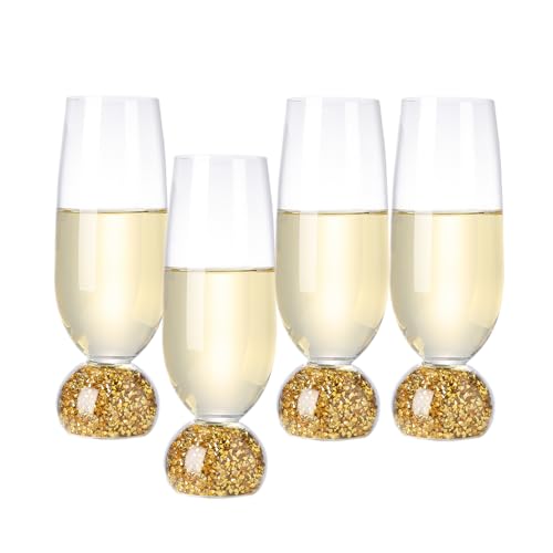 Hanjue Lead-free Crystal Champagne Glasses Set of 4, 7 Oz Clear Champagne Flutes, Ideal for Gifts, Parties,Wedding,Christmas - Long-lasting and Reusable Bar Glassware (Gold crushed diamonds) - color: Gold Crushed Diamonds