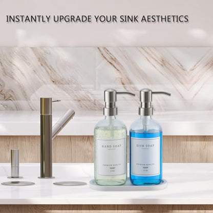 Glass Soap Dispenser - Dish Hand Soap Dispenser Set for Kitchen, Bathroom Soap Lotion Dispenser with 304 Rust Proof Pump, Tray, Clear Bottle/Silver Pump - color: Clear Bottle/Brushed Silver Pump + Tray + Funnel