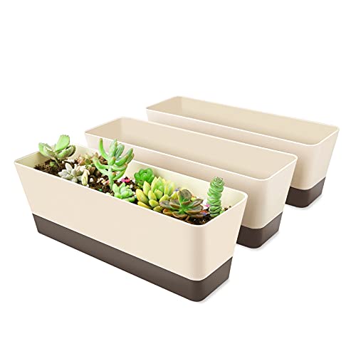 SUREAM 3 Pack Indoor Window Box Planter, 12x3.8 Inch Rectangle Herb Planter with Tray, Modern Small Succulent Cactus Flower Plastic Plant Pot for Window Sill, Garden Balcony, Office Shelf Decoration - size: 3pcs/12x3.8in