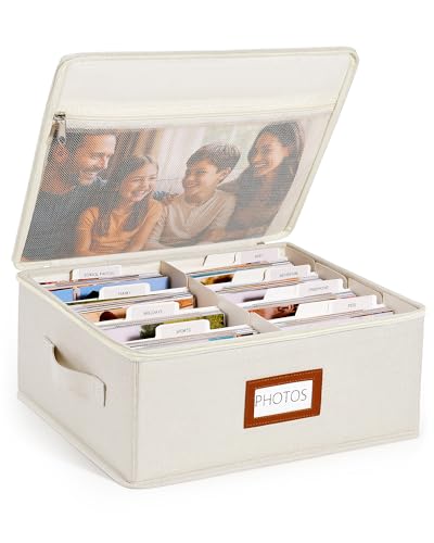 HULISEN Photo Storage Box, Photo Organizer for 2000 4x6 Pictures, Beige | Linen Keepsake Box with Zipper Lid & 8 Dividers, Label Cards Included, Mesh Pocket for Larger Prints, Family Memory Storage - color: Beige