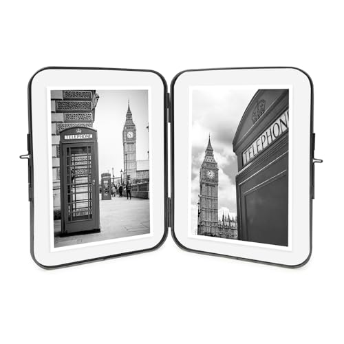 Isaac Jacobs 5x7 Black Double-Sided Metal Floating Photo Frame w/ClaspLock | Double-Sided Round-Edged Brass & Glass Metal Floating Picture Frame Locket Closure (Vertical), Tabletop (5x7, Black) - color: Black, size: 5x7