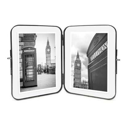 Isaac Jacobs 5x7 Black Double-Sided Metal Floating Photo Frame w/ClaspLock | Double-Sided Round-Edged Brass & Glass Metal Floating Picture Frame Locket Closure (Vertical), Tabletop (5x7, Black) - color: Black, size: 5x7