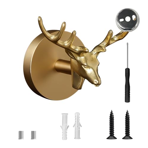 Antler Wall Hook, Solid Brass Heavy Duty Vintage Animal Hook. Used for Hanging Clothes, Hats, Towels, Bags, Organizing Decorative Wall Hooks - color: Gold Deer Head