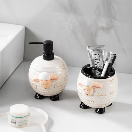 Sheep Bathroom Accessories 2 Piece Set Ceramic Soap Dispenser and Toothbrush Holder for Modern Bathroom Decor, Bathroom Accessory Set