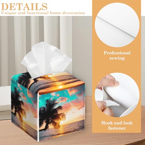Sunset Beach Tissue Box Cover,Palm Tissue Box Holder Waterproof Leather Facial Paper Organizer Dispenser for Bathroom Home Car Nightstand Vanity - color: Sunset Beach Palm
