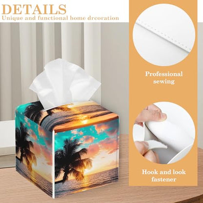 Sunset Beach Tissue Box Cover,Palm Tissue Box Holder Waterproof Leather Facial Paper Organizer Dispenser for Bathroom Home Car Nightstand Vanity - color: Sunset Beach Palm