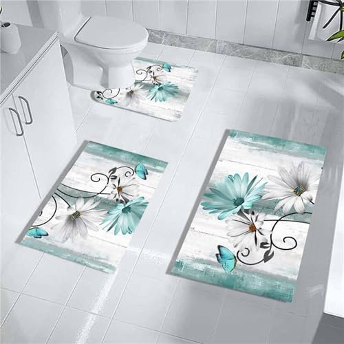 MUGINYU Teal Daisy Floral Bath Rug Sets 3 Piece, Rustic Farm Farmhouse Bath Mat Quick Dry Thin Rubber Diatomaceous Earth Turquoise Blue Flowers and Butterfly on Country Wood Bathroom Vintage Decor - color: Teal Daisy & Wood