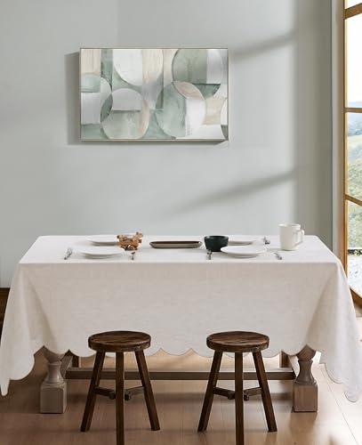 100% French Flax Linen Tablecloths Scalloped Embroidery Rectangle 84Lx60W Inch for Dinners, Parties, Spring, Easter, Machine Washable, 6-8 Sets, Linen(Edges-Gold) - color: Linen(edges-gold), size: 84" x 60" (Rectangular)