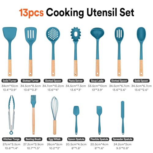 Kitchen Utensils Set, 13PCS Silicone Cooking Utensils, Heat Resistant Kitchen Utensil Spatula Set for Nonstick Cookware, Wooden Handles Kitchen Gadgets Tools Set (BLUE) - color: Blue