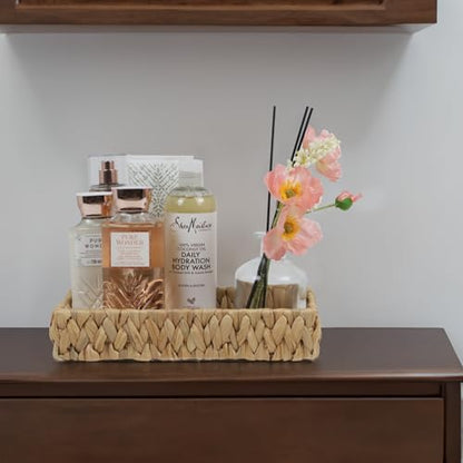 Water Hyacinth Bathroom Vanity Tray with Handle, 11 Inch | Toilet Tank Basket, Bathroom Counter Organizer, Small Wicker Tray, Toiletry Storage, Woven Decor - size: 11.1" x 7.1" x 2.2"