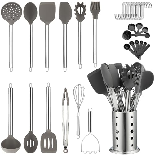 Kitchen Utensils Set, Kyraton 38 Pieces Non-Stick Silicone Cooking Utensils Set, Spoon Spatula Set with Sturdy Stainless Steel Utensil Holder, Dishwasher Safe - color: 2. With Utensil Rack