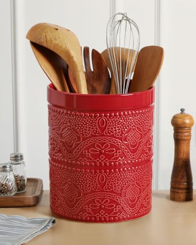 Kitchen Utensil Holder, 7.2" Super Large Utensil Crock Heavy and Stable Lace Emboss Ceramic Utensil Holder for Kitchen Counter (Christmas Red) - color: Christmas Red