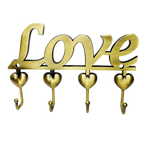 Myartte Key Holder- Key Hooks Decorative for Wall Decorative Zinc Alloy Key Organizer Rack with 4 Hooks -with Screws and Sticker (Antique Brass Love) - color: Antique Brass Love