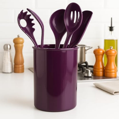 Reston Lloyd 6 Piece Kitchen Utensil Holder for kitchen counter, Utensils crock with Heat Resistant Spoon, Slotted Spoon, Ladle, Spatula BPA Free, Plum - color: Plum, size: Utensil Holder Set