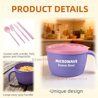 Layron Ramen Cooker Bowl - 45 oz Microwaveable Noodle Bowl Ramen in few Minutes- BPA Free and Dishwasher Safe Set with Chopsticks Perfect for Dorm, Small Kitchen, or Officee (purple) - color: Purple