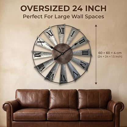 Mrocioa Windmill Distressed Metal Wall Clocks Rustic Large Decorative Clock Oversized Farmhouse Decor (24 inch Roman Numerals) - size: 24 inch Roman numerals