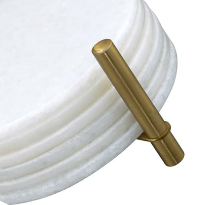 Queenza Marble Coasters for Drinks, Natural Stone Coasters Set for Coffee Table, Bar, Dining & Home Decor, Set of 6 Sleek 3.5-Inch, 5 mm Thick Tiles with Metal Holder, Polished from Both Sides