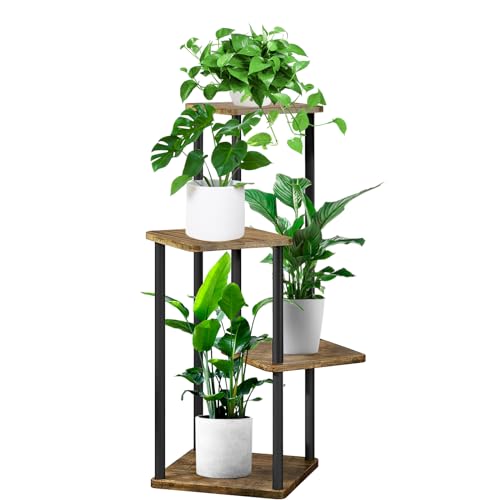 4 Tier Plant Stand Indoor, Thickened Metal Wood Corner Plant Shelf Stands for Multiple Plants, Indoor Tall Plants Stand Tiered Flower Holder for Living Room Patio Garden Balcony(Black+Brown) - color: Black+Brown, size: 4 Tier