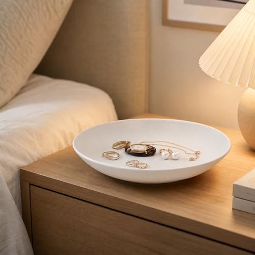 hjn 12.6 Inch Large Ceramic Decorative Bowl, Versatile Catchall Tray for Fruit, Keys, Jewelry, Coins, Elegant White Glazed Centerpiece for Kitchen Counter, Entryway Table, Coffee Table or Nightstand