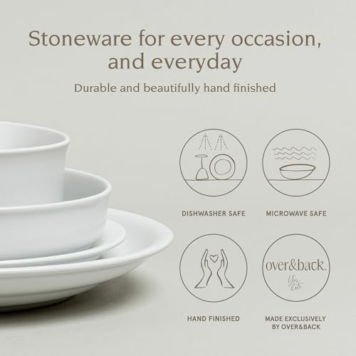 over&back Rim Dinnerware Set - Stoneware Dishes - Comes with 4 Dinner Plates, Salad Plates, Cereal Bowls, and Dinner Bowls - 16-Piece All-Occasion Place Settings - Serves Four - Semi-Matte White - color: White, size: Dinner Set | 16 Pieces