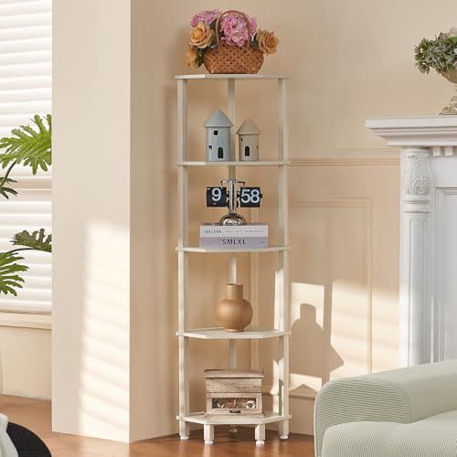 YUFAM 5-Tier Corner Shelf, Grey White | Wooden Corner Bookshelf for Small Spaces, Corner Standing Shelf with Sturdy 5-Leg Base - color: Grey White, size: 5 Tier