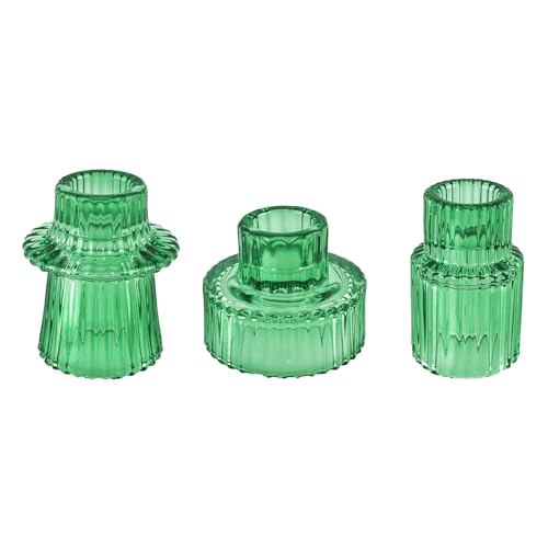 Glass Candlestick Holders, Taper Candle Holders, Set of 3, Green | Double-sided ribbed glass taper candle holders for wedding centerpieces, parties, Christmas,St. Patrick’s Day, and home decor - color: Green, size: 3 PCS