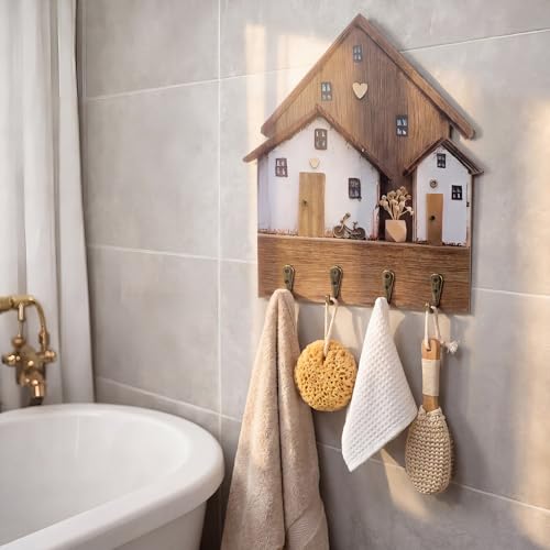 Cute Key Holder for Wall, Rustic Key Rack Wall Mount Decorative Wooden Hooks House Shaped Boho Hat Purse Rack with 4 Hooks for Hanging Entryway Front Door Hallway Bedroom