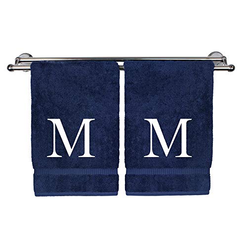 Monogrammed Hand Towel, Personalized Gift, Set of 2- White Block Letter Embroidered Towel - Extra Absorbent 100% Turkish Cotton - Soft Terry Finish - Initial M Navy - color: Navy & White, size: Initial M