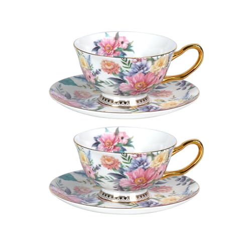 KAMMAK Tea Cups and Saucers Set of 2, Porcelain Coffee Cups, JBE018 | Stackable Espresso Mugs, Ceramic Demitasse for Coffee, Cappuccino, Latte, Americano, Tea - size: 8CZJBE018