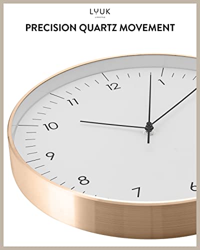 Modern Silent Quartz Wall Clock, 12in, White & Gold | Minimalist & Retro, for Living Room, Bedroom, Kitchen, Foyer, Sturdy aluminum frame, Dust proof glass, Battery operated - color: White & Gold, 12"