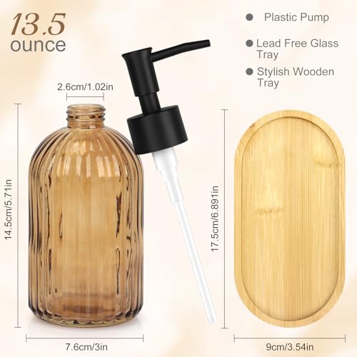 Glass Soap Dispenser Set with Wood Tray, Glass Soap Dispenser with Plastic Pump, Hand and Dish Set for Bathroom Decor (Amber)