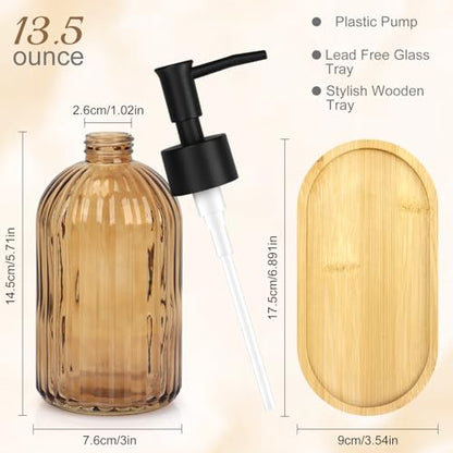 Glass Soap Dispenser Set with Wood Tray, Glass Soap Dispenser with Plastic Pump, Hand and Dish Set for Bathroom Decor (Amber)