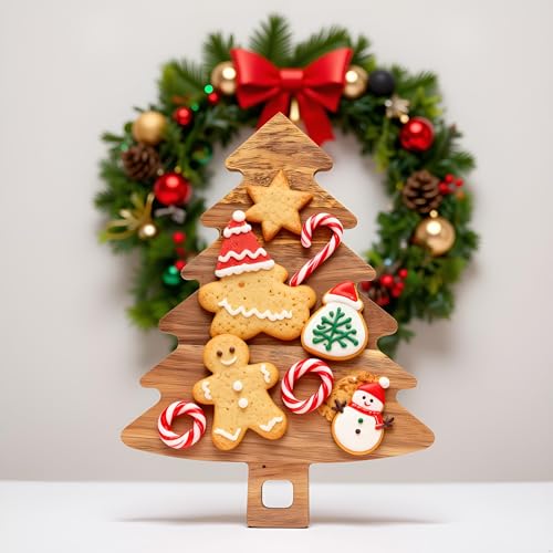 Christmas Tree Cutting Board Wood, Christmas Tree Shaped Charcuterie Board with Handle, Acacia Wood Christmas Tree Wooden Serving Tray, Christmas Gift Decor