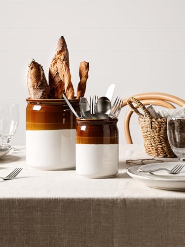 LE TAUCI Kitchen Utensil Holder for Countertop, Ceramic Utensil Crock Set of 2, Rustic Brown Holder for Spatulas, Spoons and Ladles, Large Farmhouse Kitchen Counter Decor, Brown and White, 7.2" & 5.4"