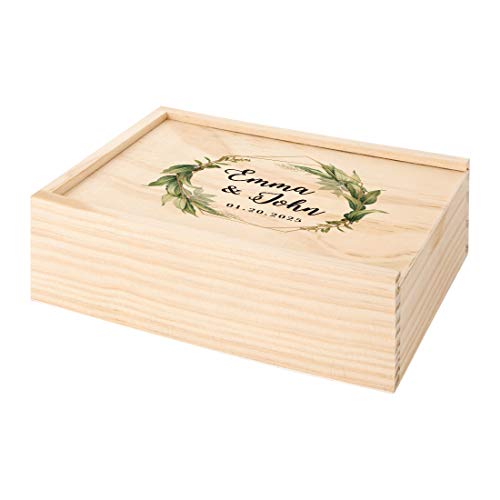 Koyal Wholesale Custom Geometric Greenery Leaves Wedding Keepsake Box, 4 x 6 -inch, Custom Name, Date, Natural Wood, - color: Geometric Greenery Leaves
