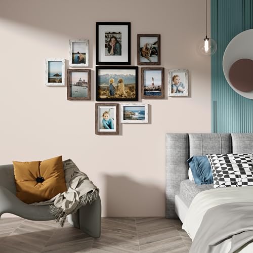 Vittanly 10 Pack Gallery Wall Frame Set, Black, Brown, Distressed White | Gallery Wall Frame Set: 2pcs 8x10, 4pcs 5x7 & 4pcs 4x6 Photos for Wall & Table, Picture Frames made of Engineered Wood - color: Black & Brown & Distressed White