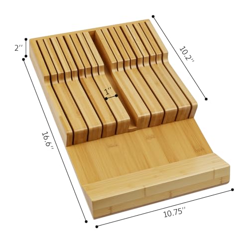Bamboo Kitchen Drawer Knife Holder, In-drawer Knife Block, Knife Drawer Organizer fit for 16 knives and 1 steel sharpening | Compact design,17 Slots, Thicker Base Board, Large Drawer Knife Storage For Steak, Paring, Bread Knives, Sharpening Steel - size: